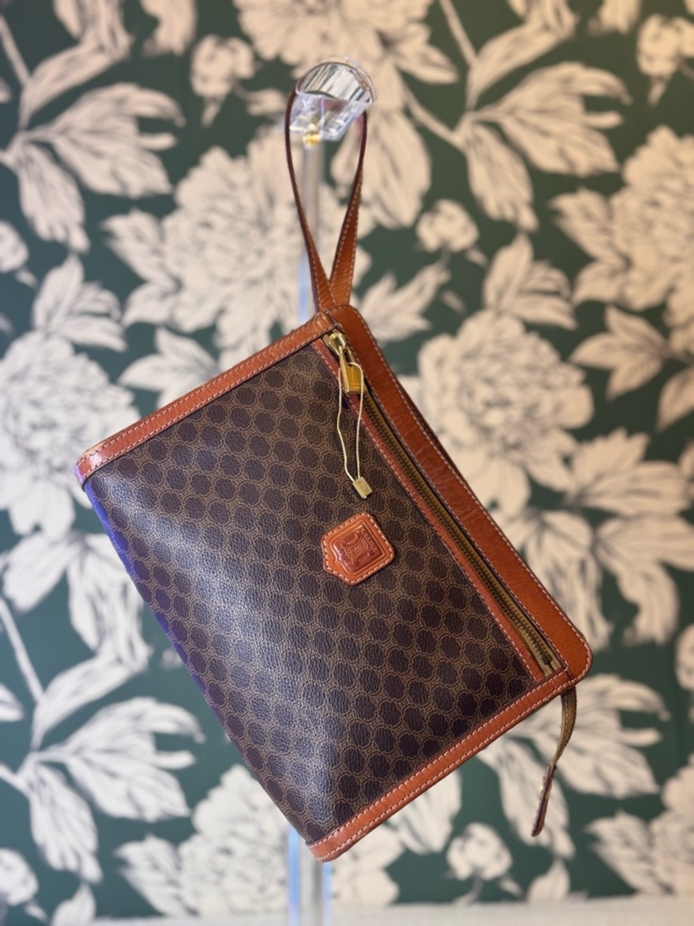 Celine Authentic Brown Patterned Wristlet  with Tan Leather Trim EUC